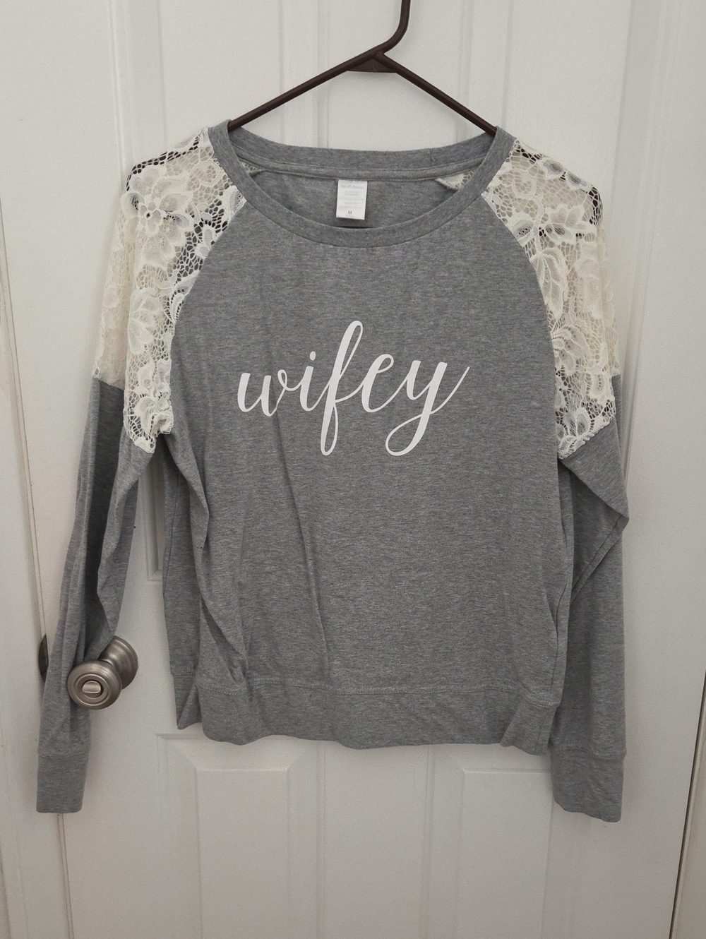 David's Bridal Grey 'Wifey' Lace Shoulder Sweatshirt